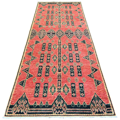 4'X9'10" Crimson Red Fine Peshawar Wool Hand Knotted Oriental Rug