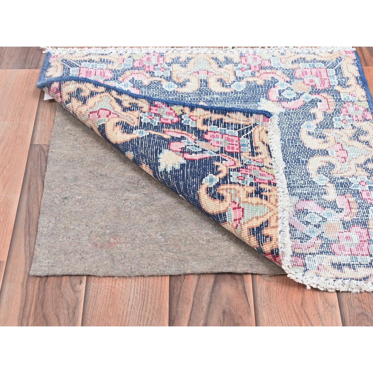 1'7"X1'7" Blue Old Farsian Karman Worn Wool Hand Knotted Square Rug