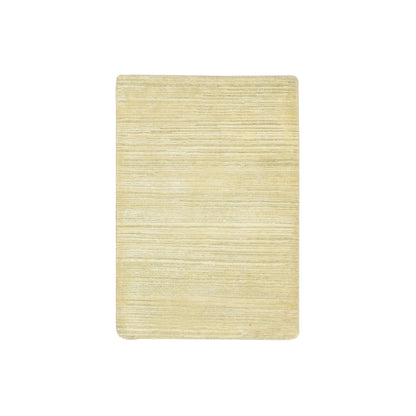 2'X3' Beige Plain Line Design Silk & Oxidized Wool Hand Knotted Mat Rug
