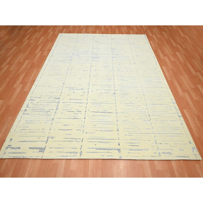 8'X9'9" White Modern Design Textured Weave Wool & Silk Hand Knotted Rug