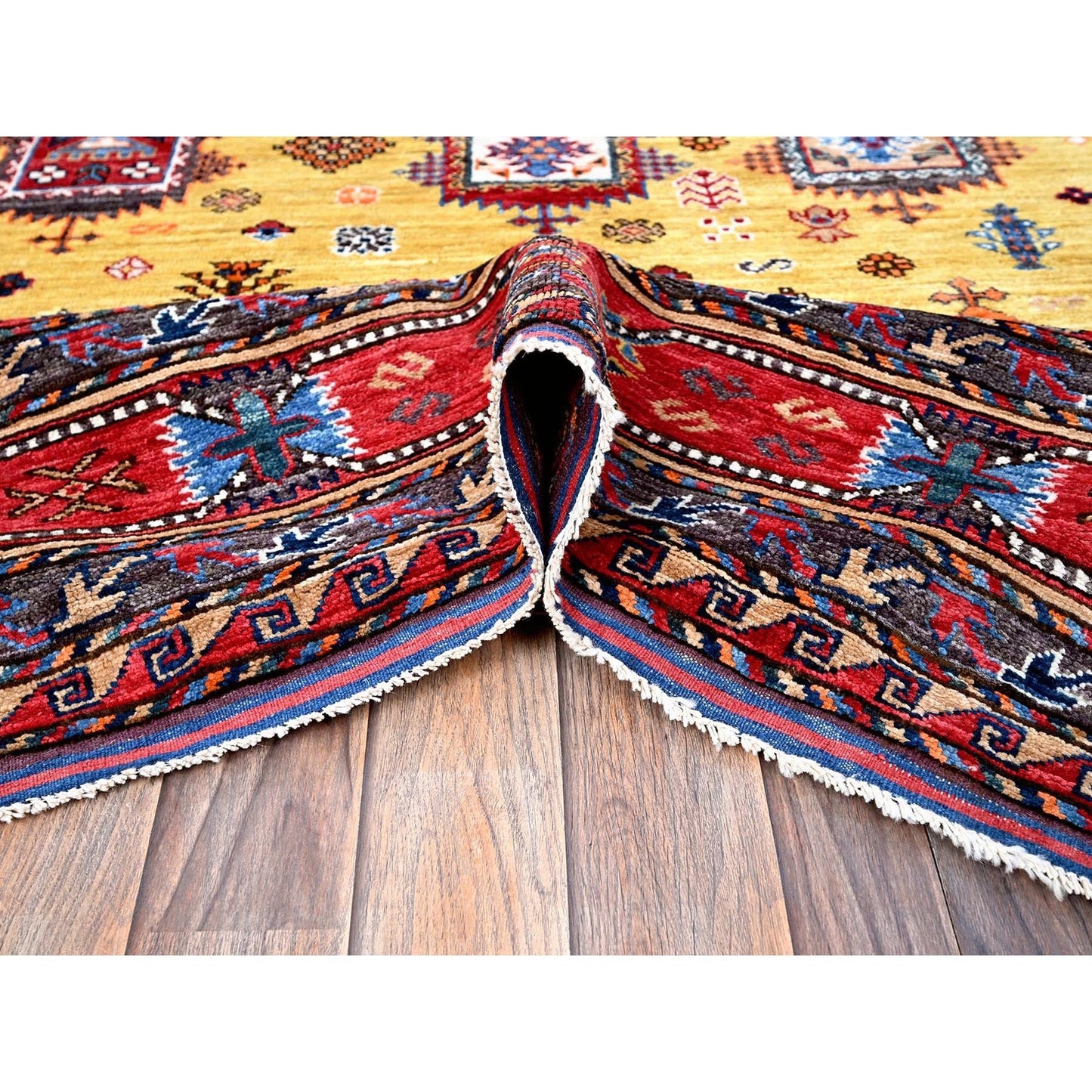 Soft Wool Hand-Knotted Afghan Rug in Yellow with Caucasian Design (8'3"x9'8")