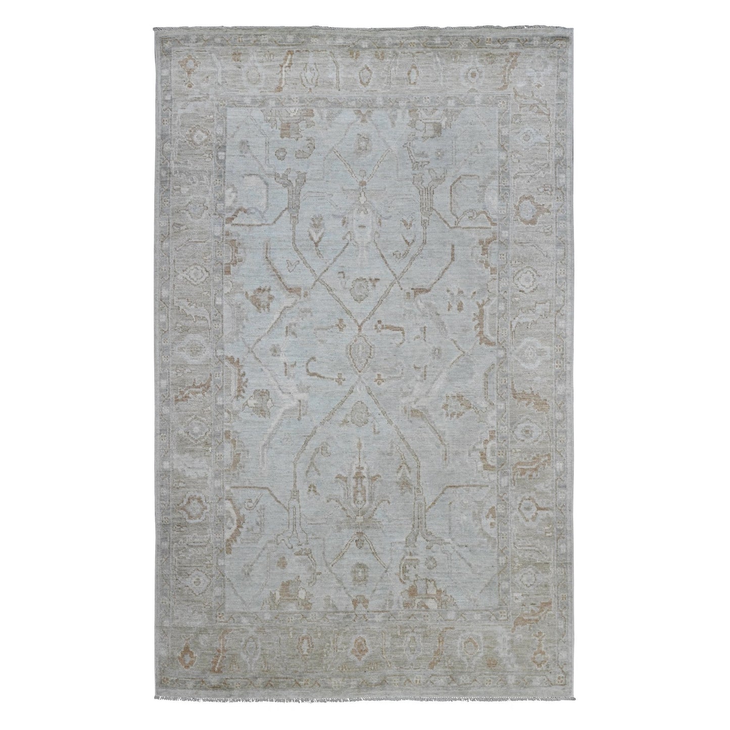5'8"X9'2" White Afghan Angora Oushak Vines Design Hand Knotted Wool Rug