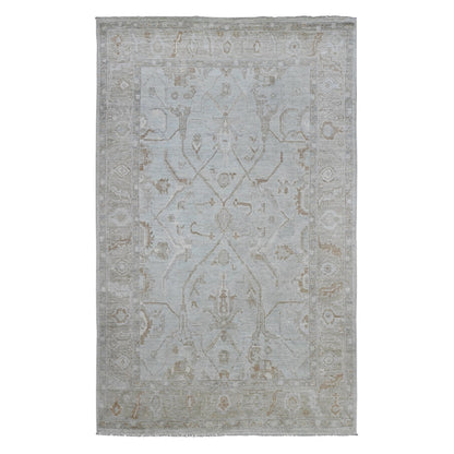 5'8"X9'2" White Afghan Angora Oushak Vines Design Hand Knotted Wool Rug