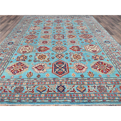 9'X12'1" Fanfare Blue Kazak Geometric Hand Knotted 100% Wool Oriental Rug