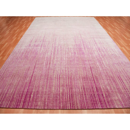 10'X14'3" Pink Natural Wool Hand Knotted Vertical Ombre Design Rug