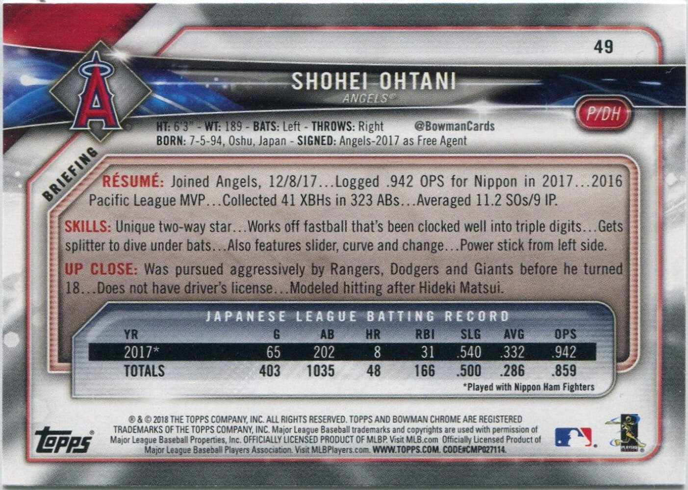 Shohei Ohtani 2018 Bowman Rc #49