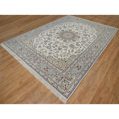 8'7"X12' Ivory Wool And Silk Nain Medallion Design Hand Knotted Rug