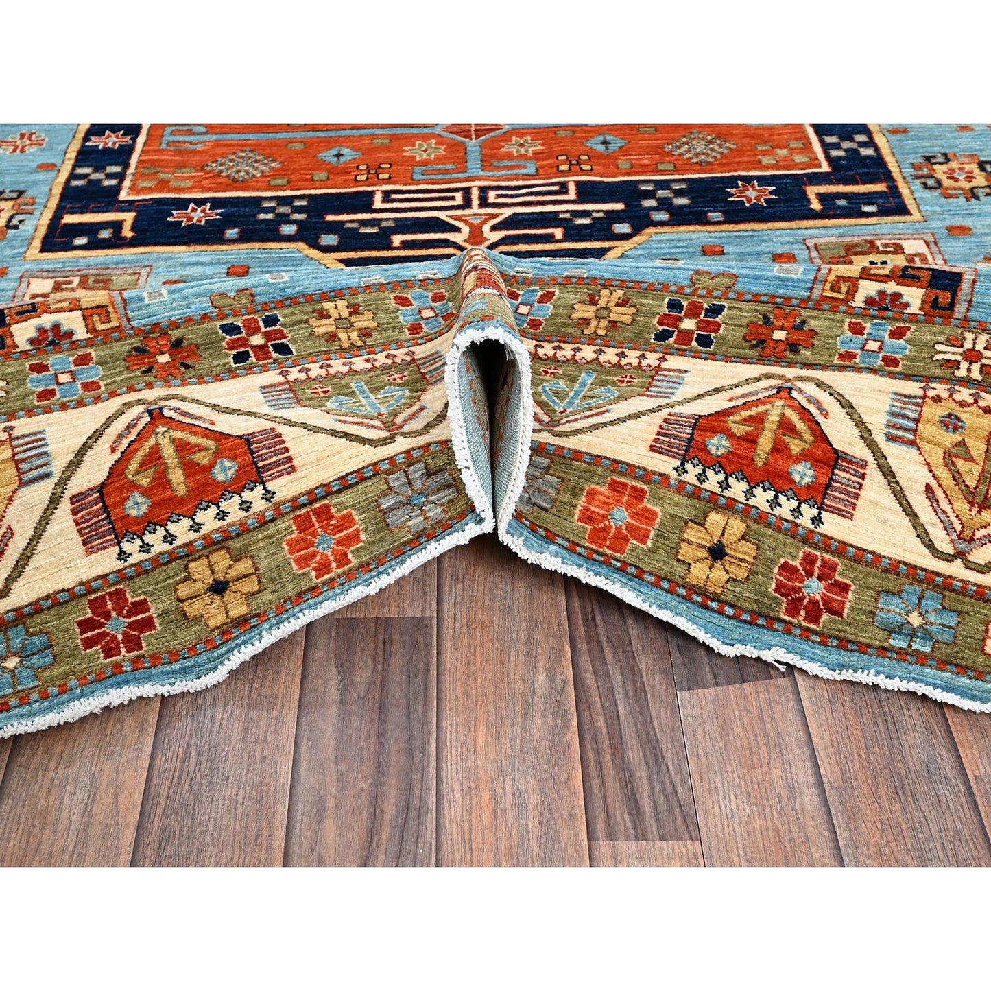 Rug 6'x8'6" Maya Blue Armenian Inspired Caucasian Design Wool Hand Knotted