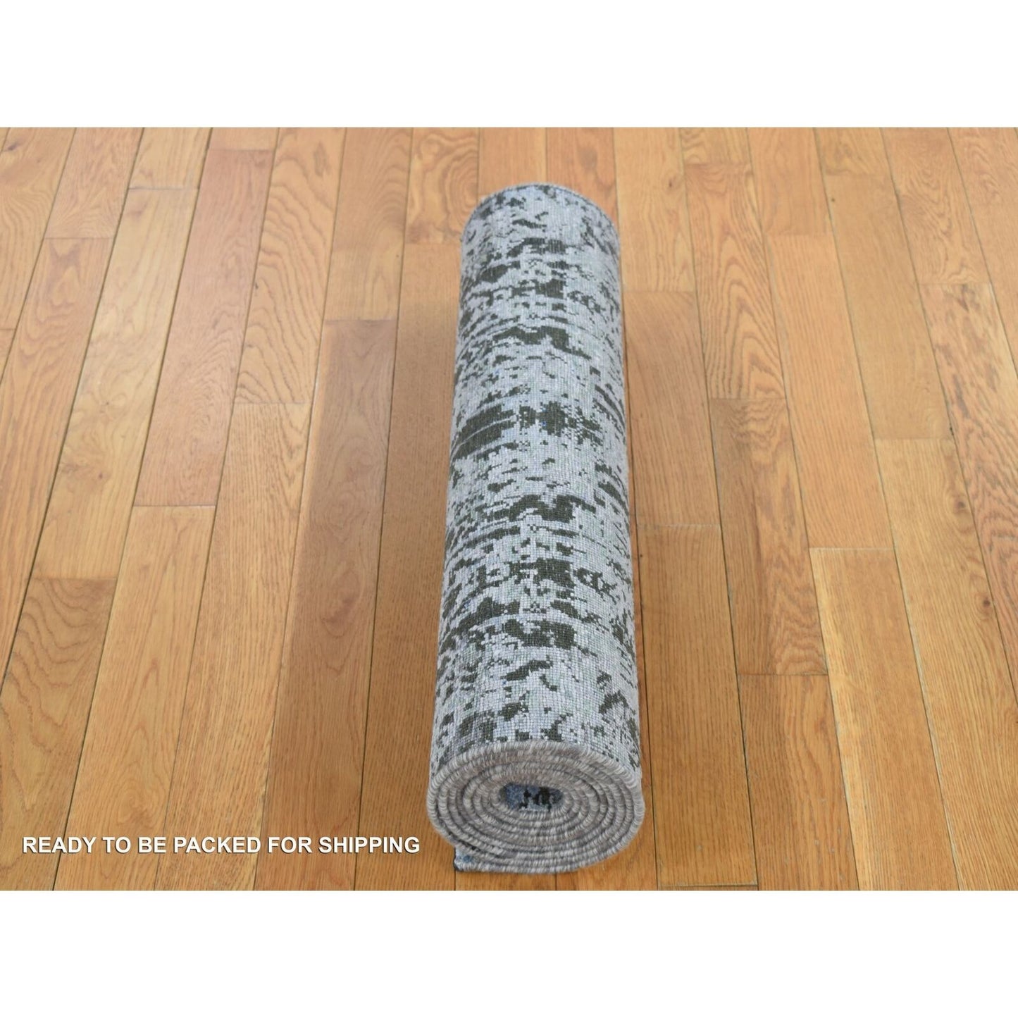 2'6"X10' Gray Silk With Wool Hand Knotted Erased Design Runner Rug