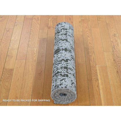 2'6"X10' Gray Silk With Wool Hand Knotted Erased Design Runner Rug