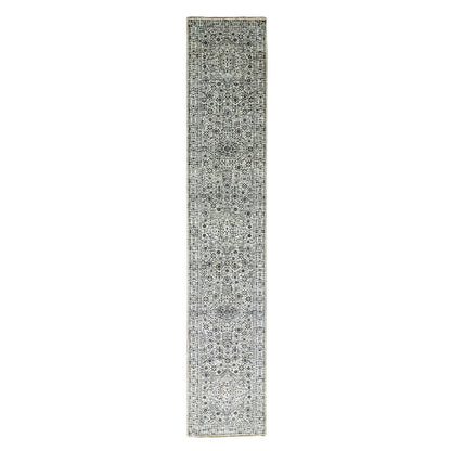 2'7"X14'1" White Mamluk Dynasty Undyed Wool Hand Knotted Runner Rug