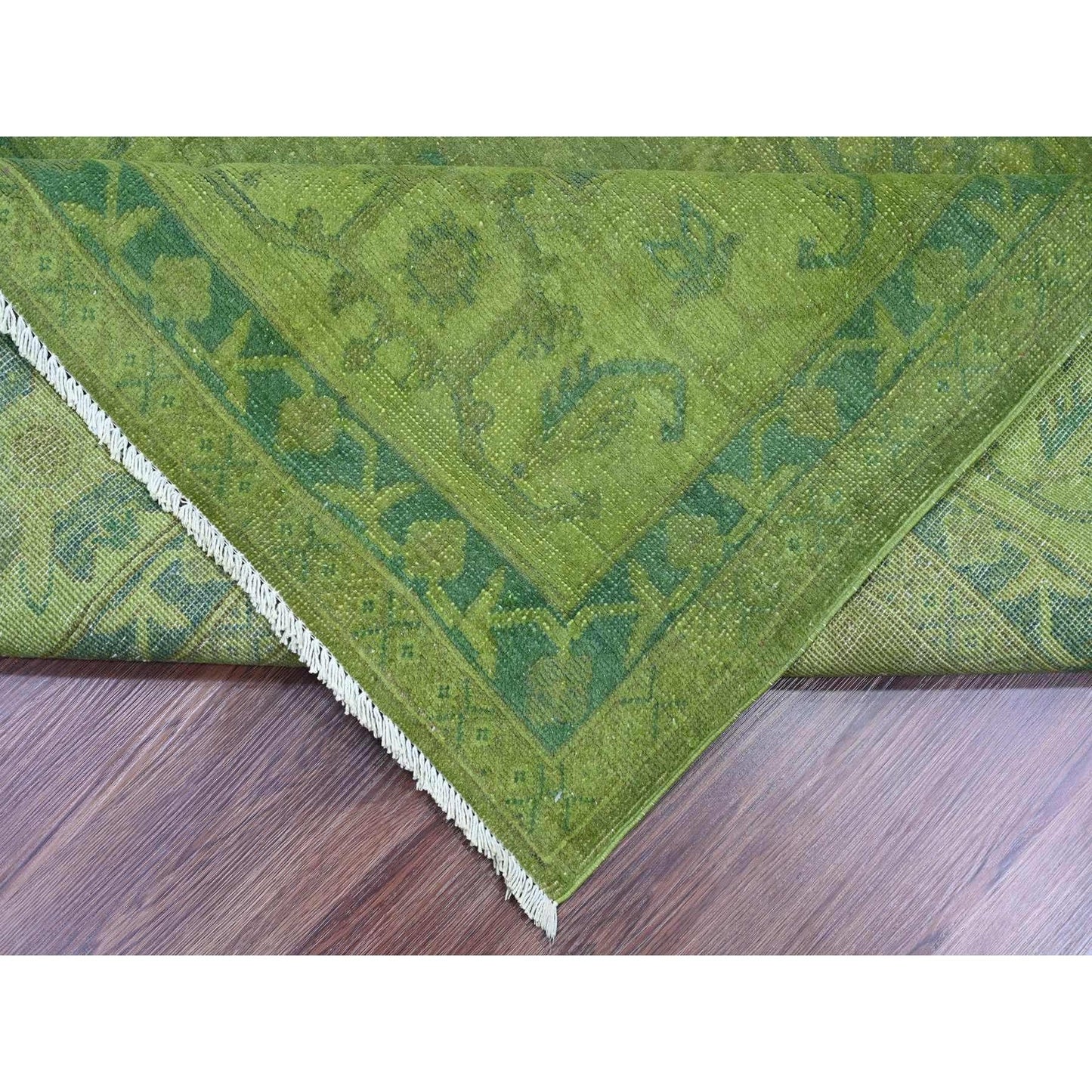 8'X9'6" Green Overdyed Kazak Geometric Pattern Hand Knotted Pure Wool Rug