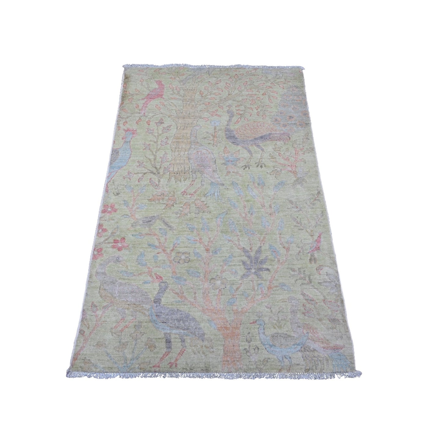 3'X4'8" Green Afghan Peshawar Birds Design Hand Knotted Soft Wool Rug