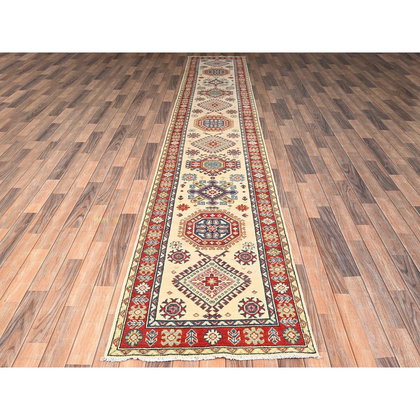 2'7"x15'10" Ivory Kazak Geometric Design Rug Hand Knotted Wool XL Runner