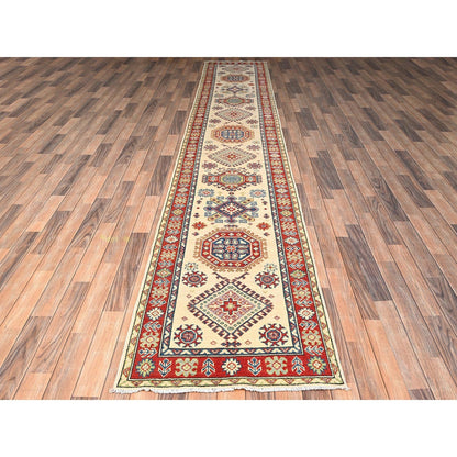 2'7"x15'10" Ivory Kazak Geometric Design Rug Hand Knotted Wool XL Runner
