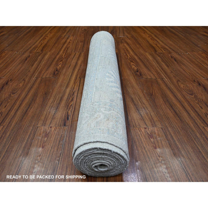 3'8"X15' Gray White Wash Peshawar Wool Hand Knotted Xl Runner Rug
