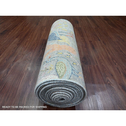 2'6"X20'2" Gray Afghan Peshawar Birds Design Hand Knotted Wool Runner Rug