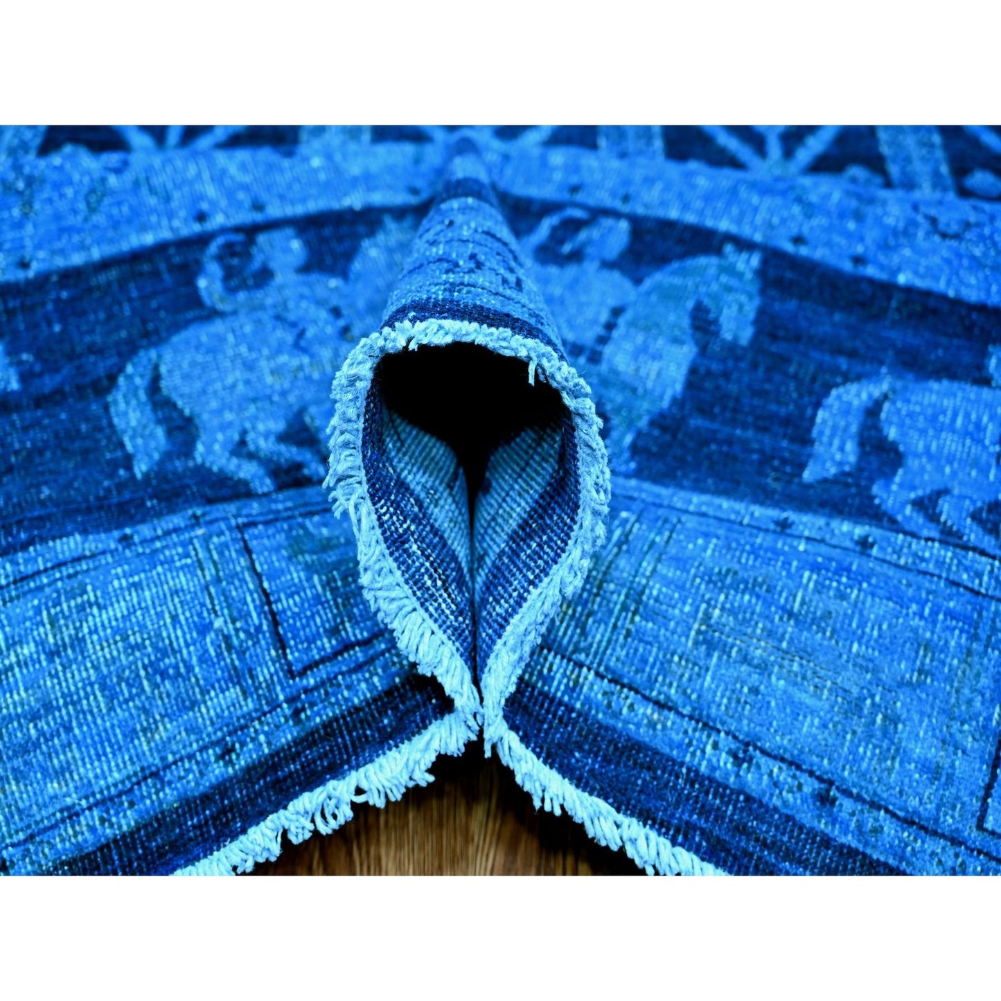 9'X12' Blue Overdyed Peshawar Pazyryk Design Pure Wool Hand Knotted Rug