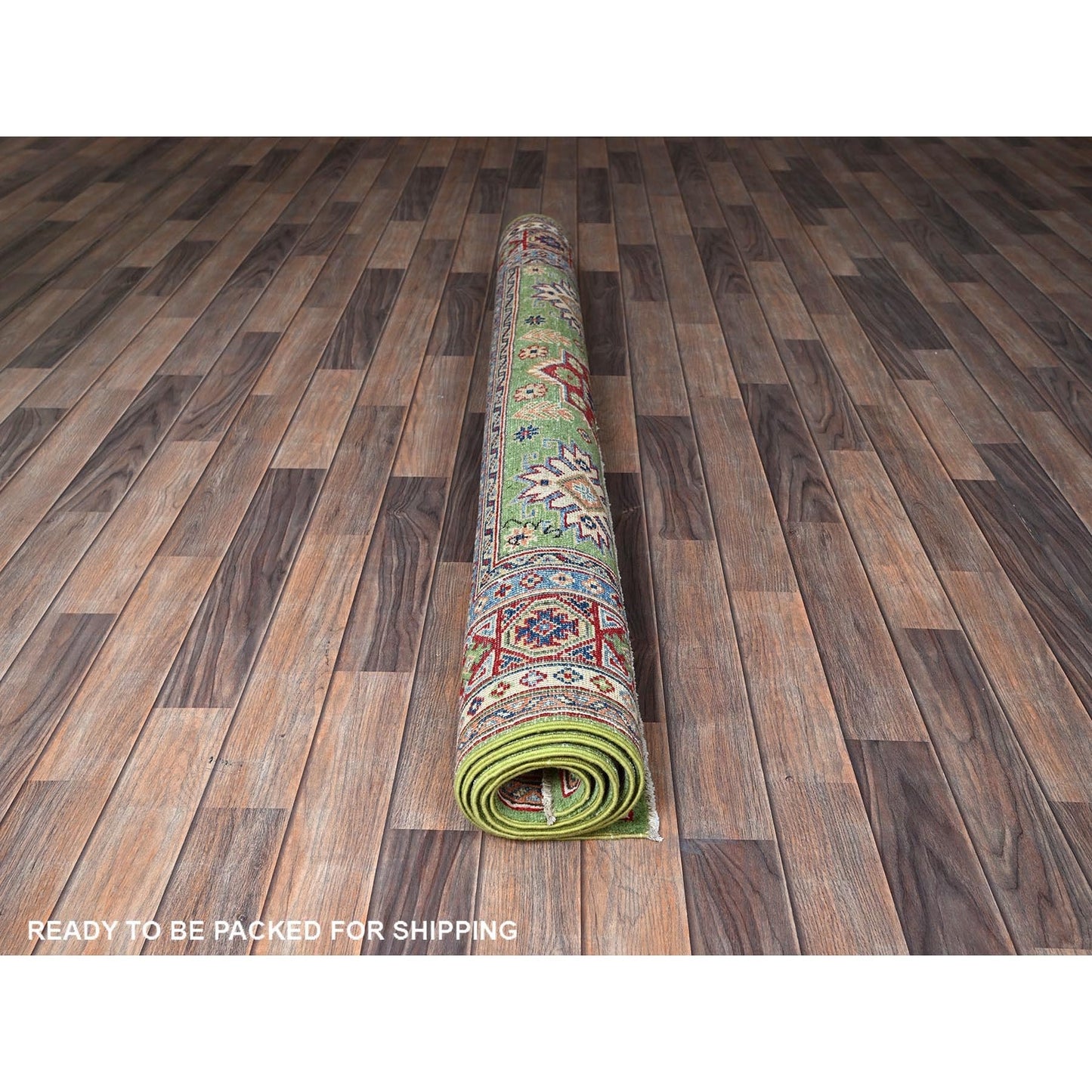 5'4"X6'8" Green Kazak Geometric Medallions Design Hand Knotted Wool Rug