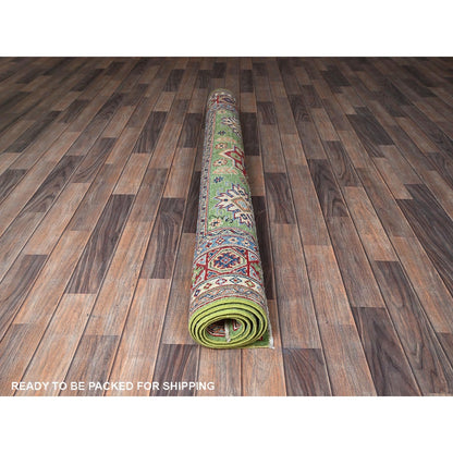 5'4"X6'8" Green Kazak Geometric Medallions Design Hand Knotted Wool Rug
