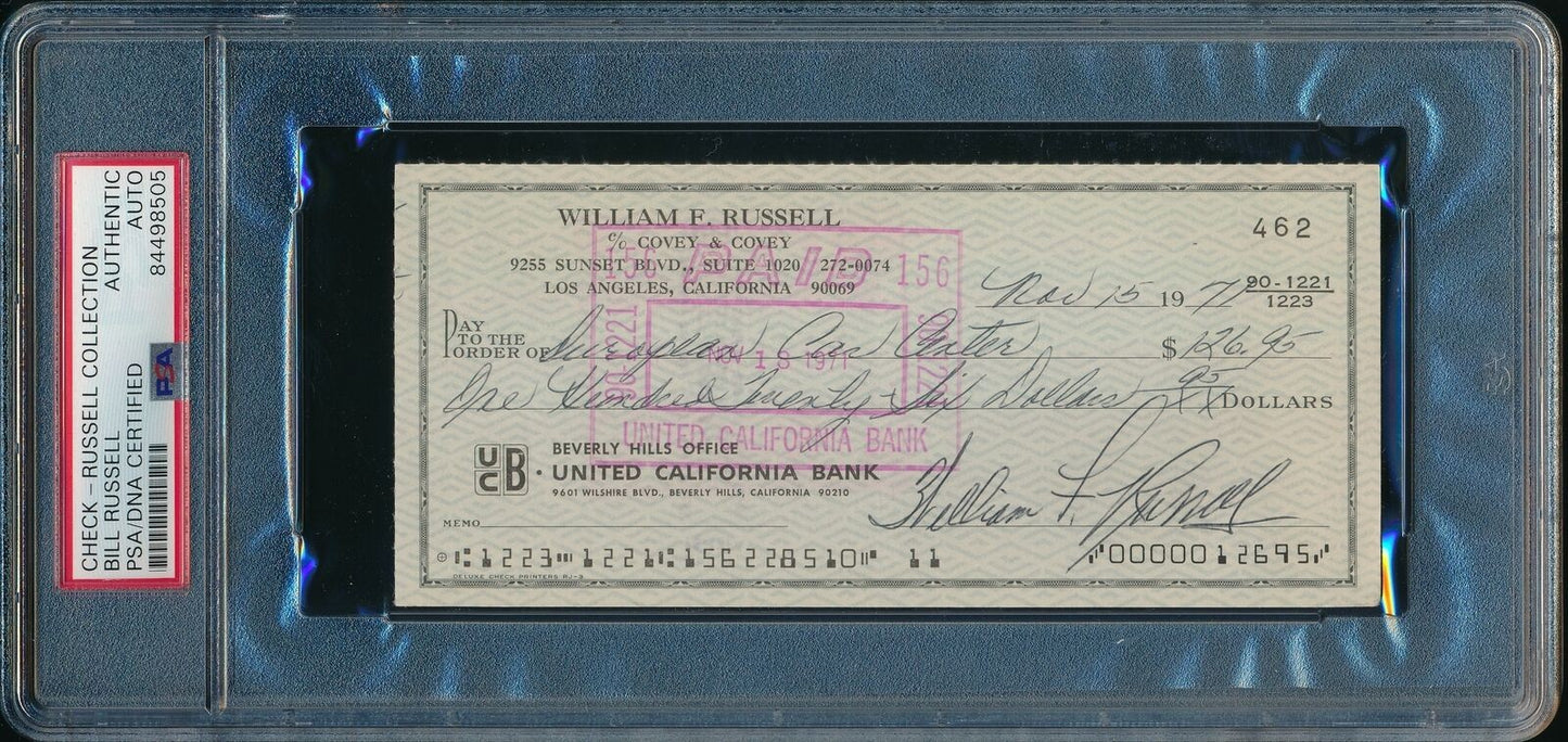 Bill Russell Hof Autographed/Signed 1971 Bank Check Boston Celtics Psa/Dna