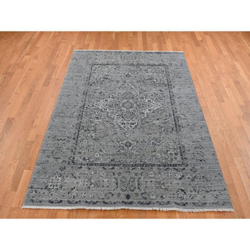 6'X9' Gray Zoroastrian Erased Design Silk With Wool Hand Knotted Rug
