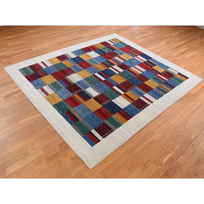 8'3"X9'9" Ivory Zoroastrian Wool Hand Made Gabbeh Patchwork Design Rug