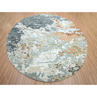 9'9"X9'9" Shades Of Gray Abstract Design Pure Wool Hand Knotted Round Rug