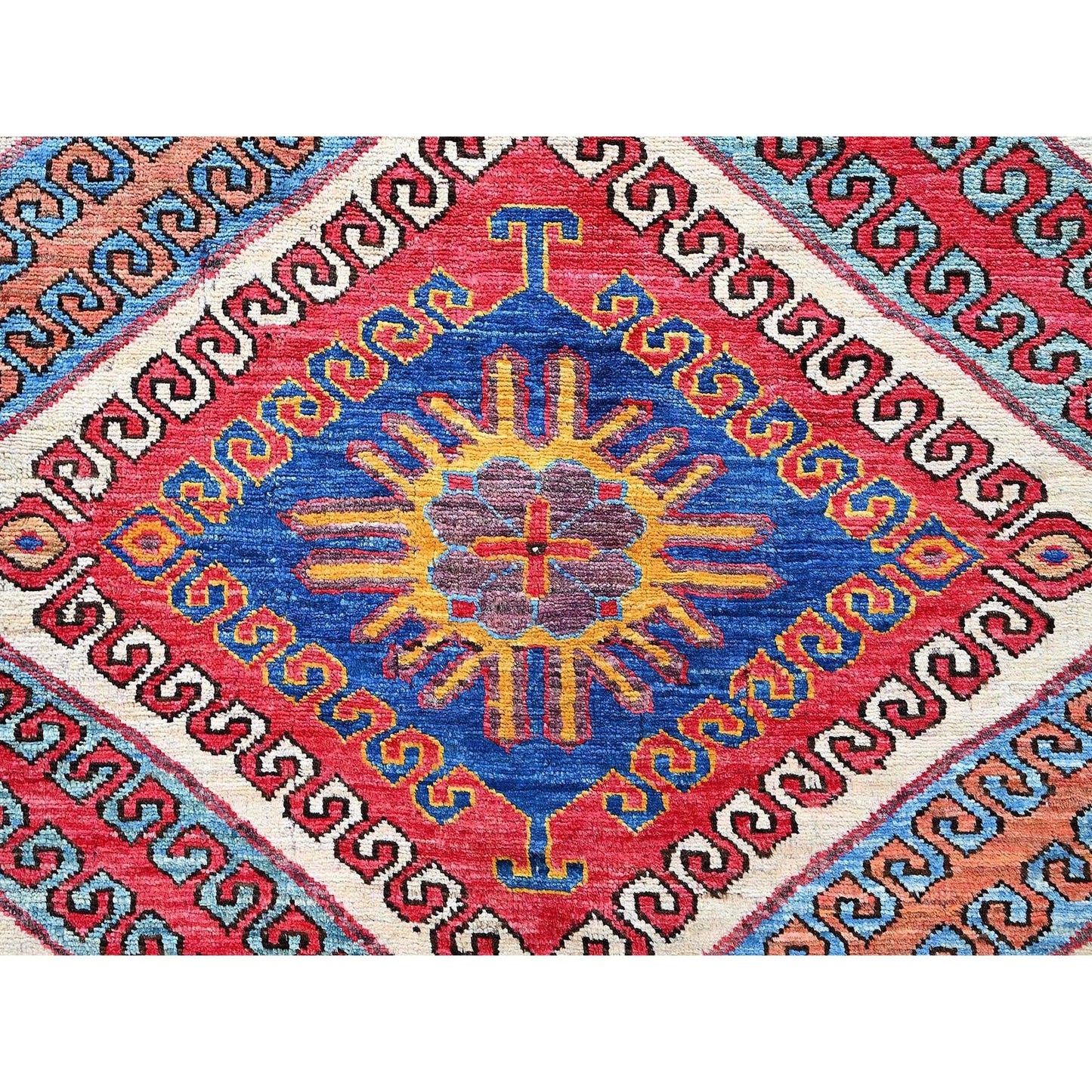6'2"X8'3" Colorful Caucasian Design Revival Hand Knotted Soft Wool Rug