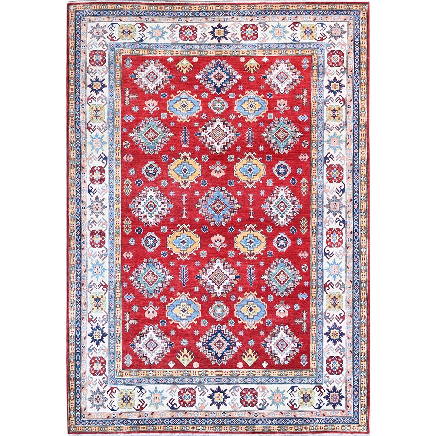 8'X11'3" Chili Red Kazak With Geometric Pattern Hand Knotted Soft Wool Rug