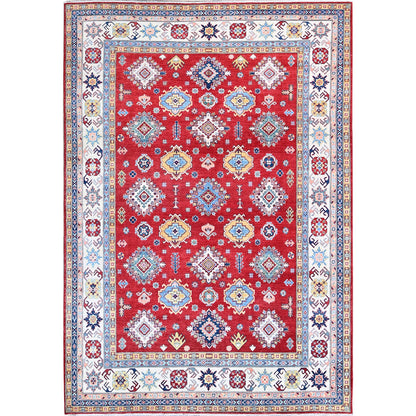 8'X11'3" Chili Red Kazak With Geometric Pattern Hand Knotted Soft Wool Rug
