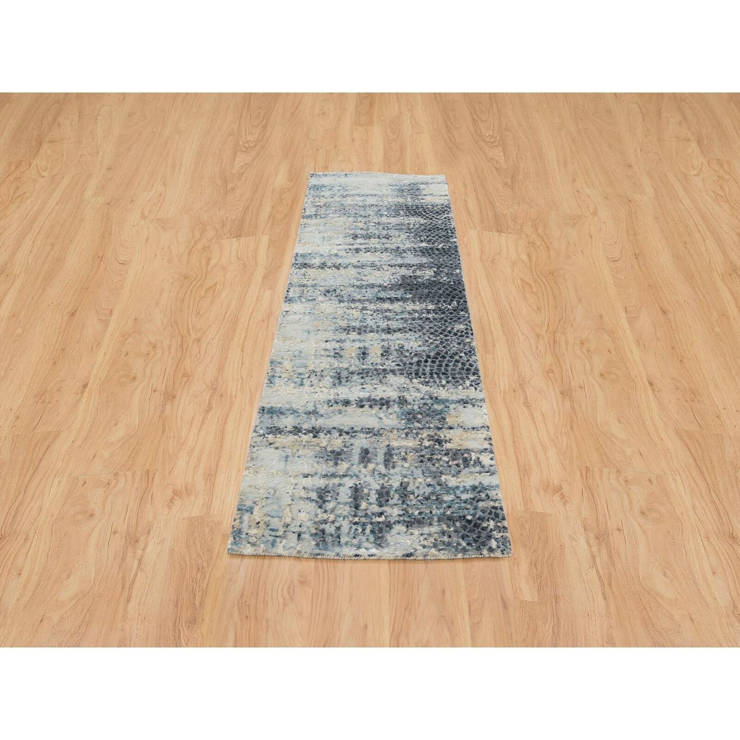 2'6"X7'9" Blue Modern Design Wool And Silk Hand Knotted Runner Rug