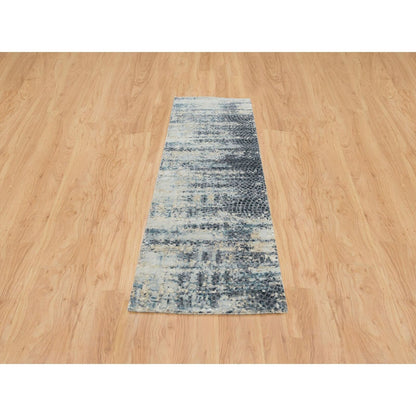 2'6"X7'9" Blue Modern Design Wool And Silk Hand Knotted Runner Rug
