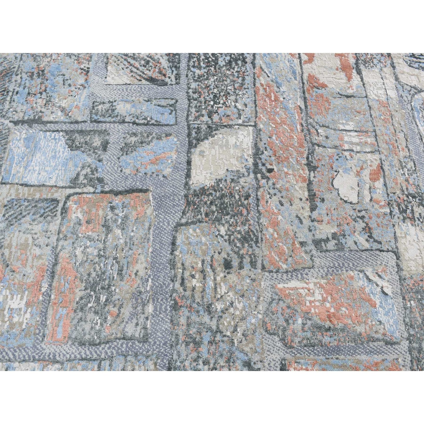 9'X12'2" Blue Modern Brick Design Hand Knotted Wool And Silk Rug