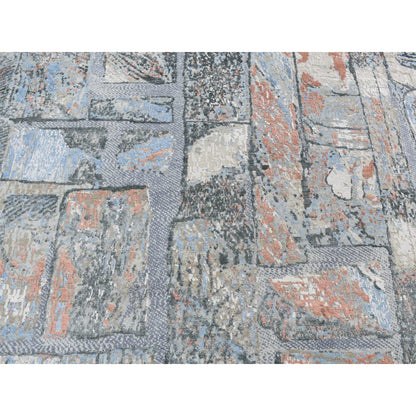 9'X12'2" Blue Modern Brick Design Hand Knotted Wool And Silk Rug