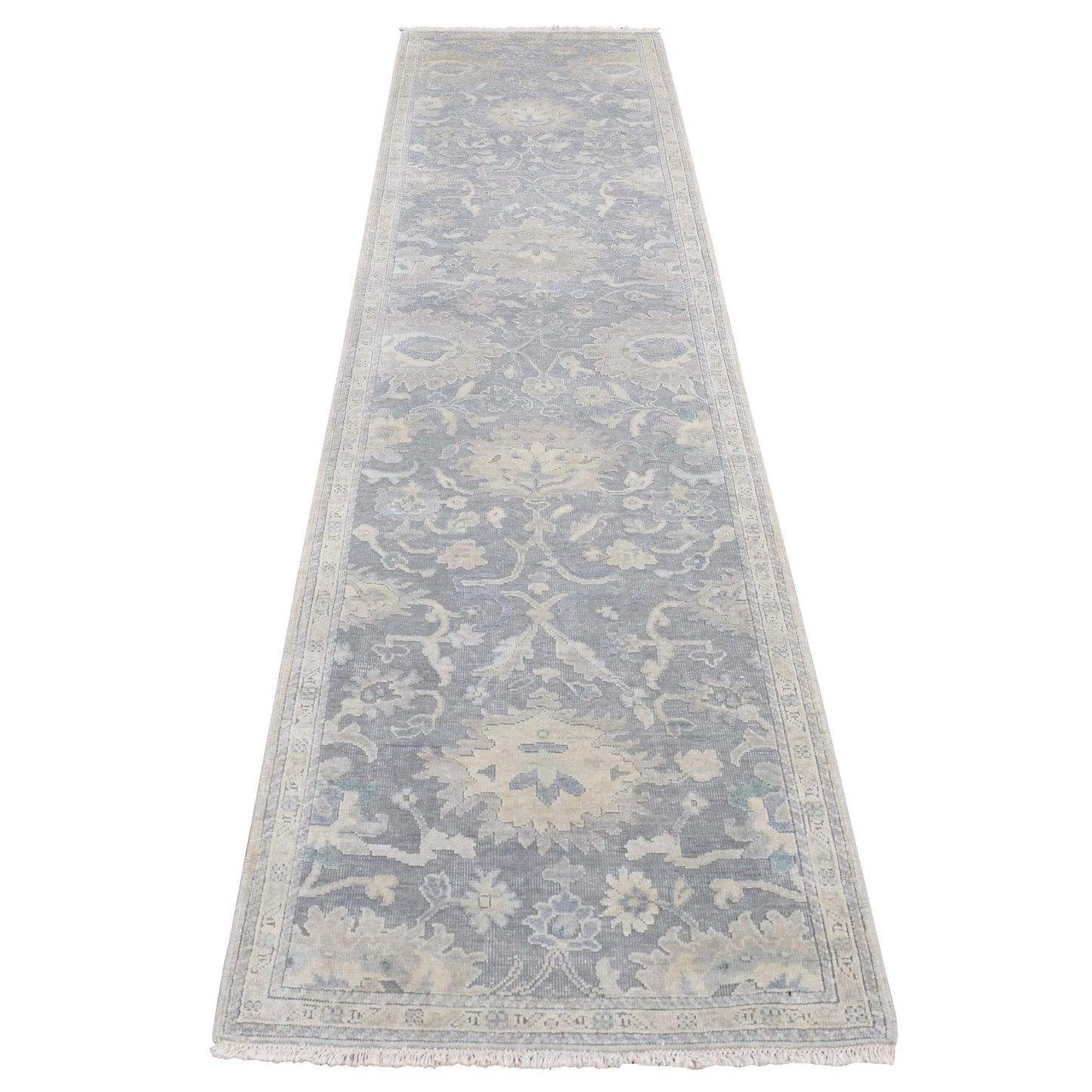 2'6"X10'2" Gray Oushak Influence Silk With Wool Hand Knotted Runner Rug