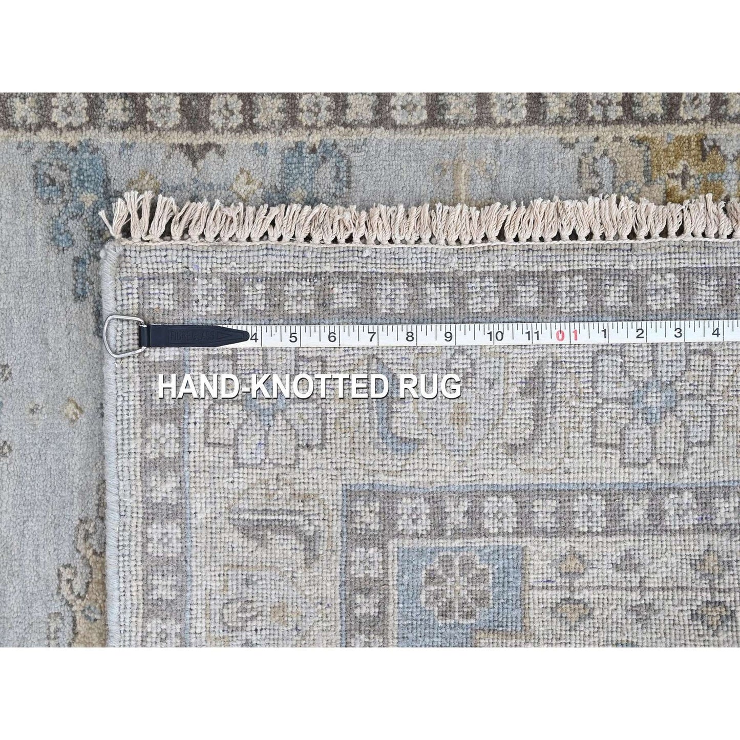 4'1"X6' Gray Village Inspired Geometric Design Pure Wool Hand Knotted Rug