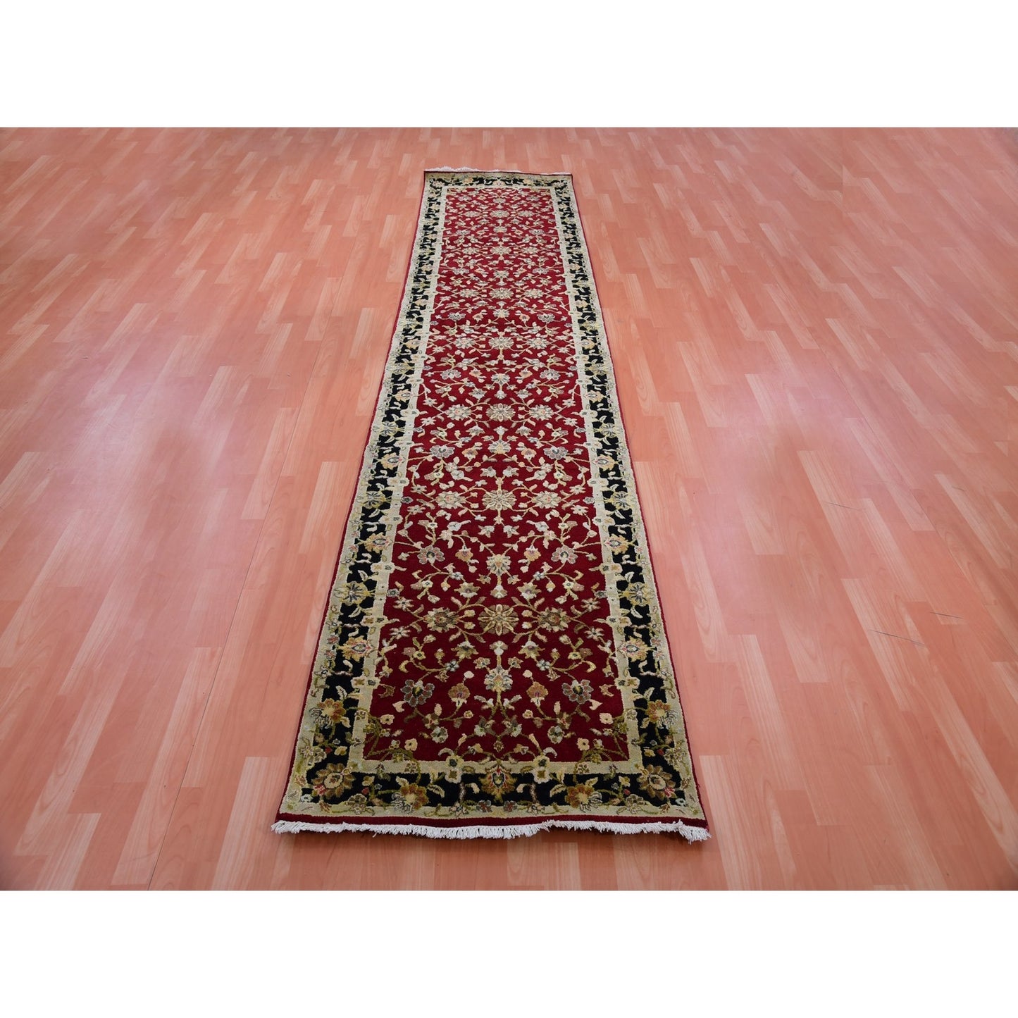 2'9"X12'3" Barn Red Hand Knotted Rajasthan Design Silk Wool Runner Rug