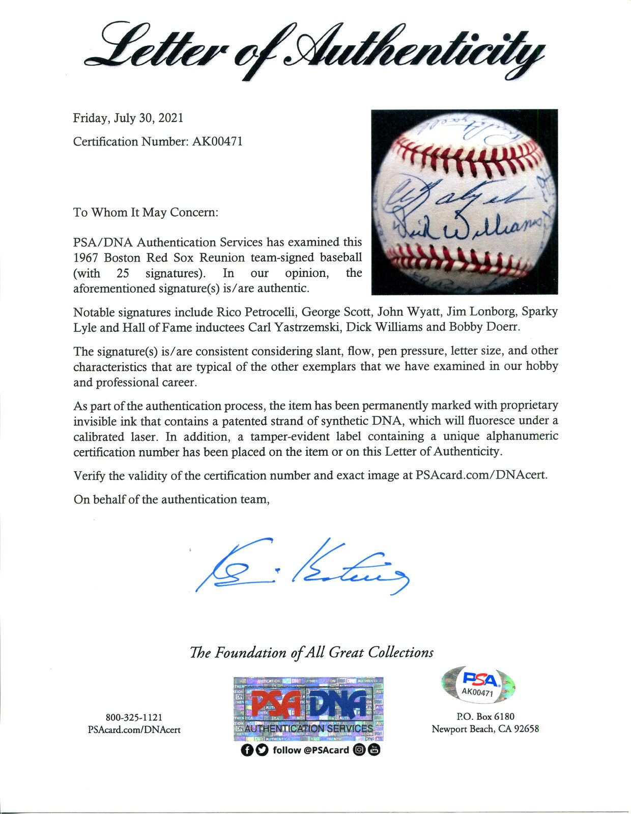 1967 Boston Red Sox Reunion Autographed Baseball (Psa Auto Graded 9)