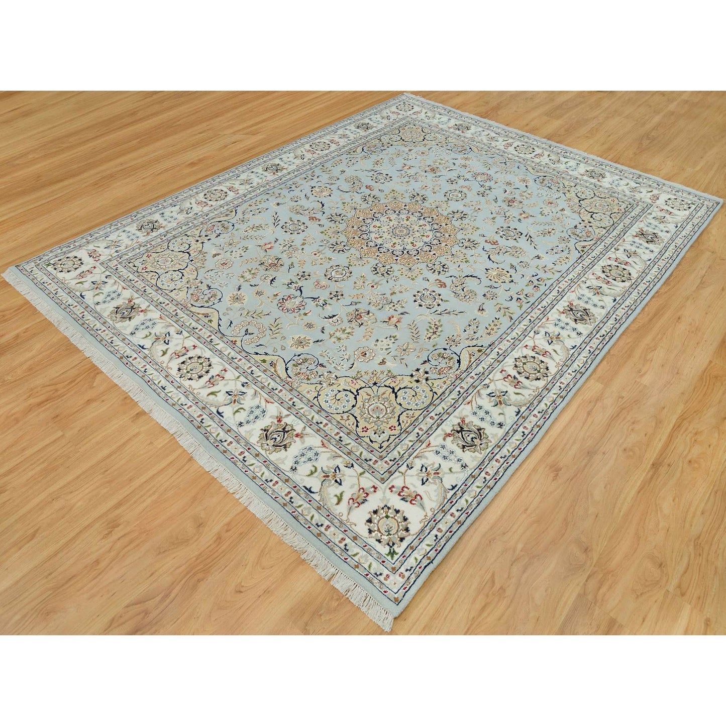 7'7"X9'9" Celeste Blue Nain Design 250 Kpsi Hand Knotted Square Rug
