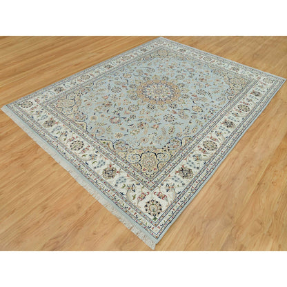 7'7"X9'9" Celeste Blue Nain Design 250 Kpsi Hand Knotted Square Rug