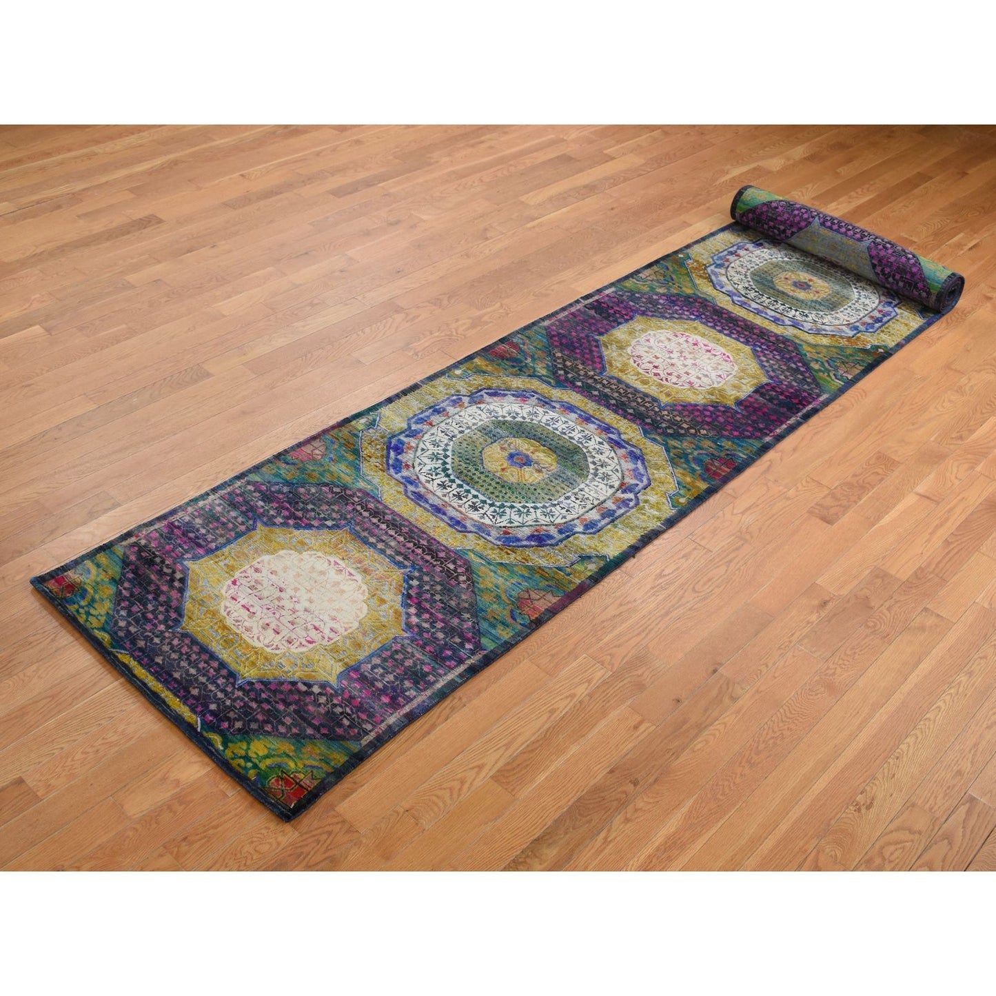 3'1"X16'1" Colorful Mamluk Design Silk With Wool Runner Hand Knotted Rug