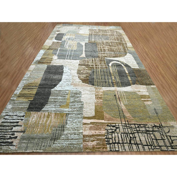 10'X14' Gray With Brown Hand Knotted Abstract Geometric Pattern Wool Rug