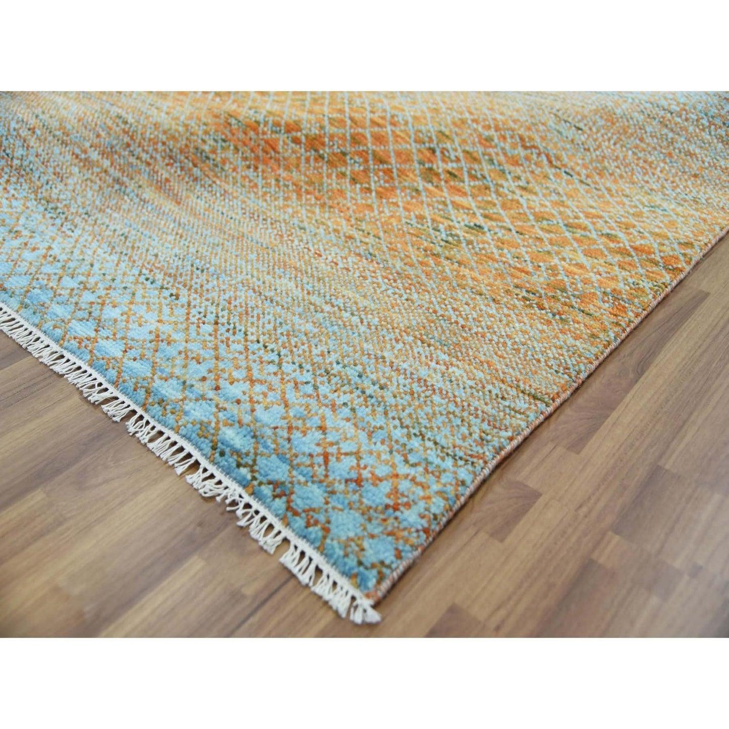 10'1"X14' Orange Pure Wool Hand Knotted Modern Chiaroscuro Collection Rug