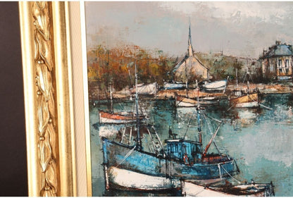 Claude Farcy Signed Oil Painting Boat Landing Harbor Scene Framed French Art