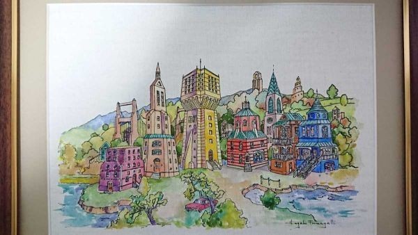 Italian Signed Canvas Watercolor Art Original Cityscape 36x26cm