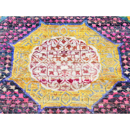 3'1"X17'4" Green Mamluk Design Silk With Wool Hand Knotted Xl Runner Rug