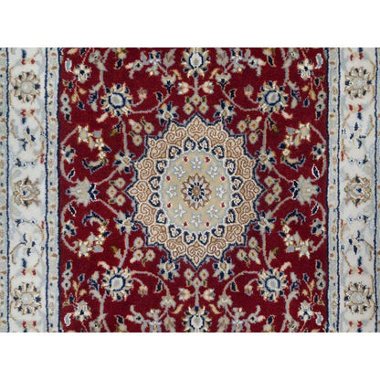 2'6"X4'1" Red Nain With Flower Design Hand Knotted Wool And Silk Mat Rug