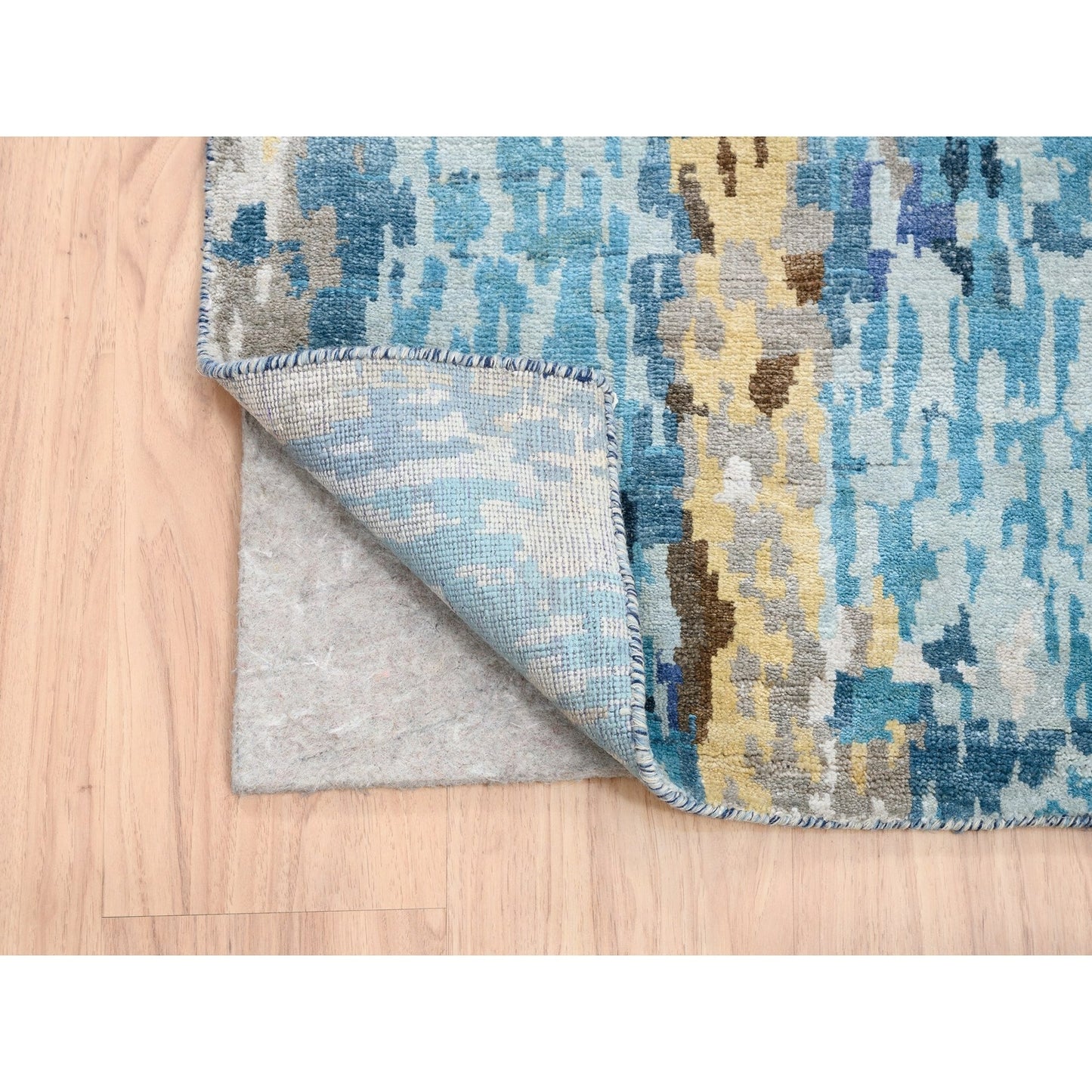 2'7"X19'7" Blue Mosaic Design Wool And Silk Hand Knotted Xl Runner Rug