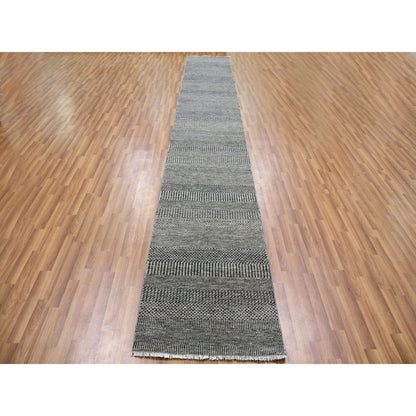 2'5"X15'10" Gray Grass Design Hand Knotted Undyed Wool Xl Runner Rug